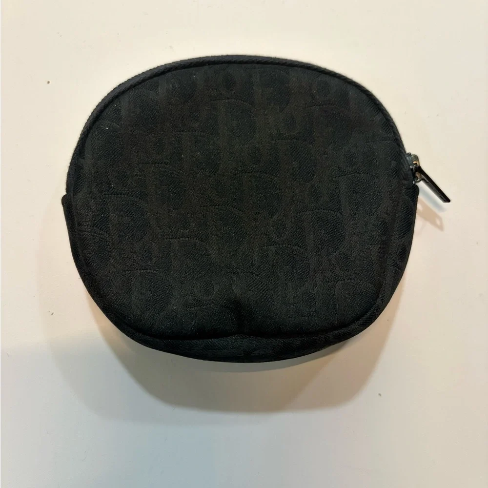 Vintage Dior Black Monogram Coin Purse Gold Plaque Made in France - AUTHENTIC